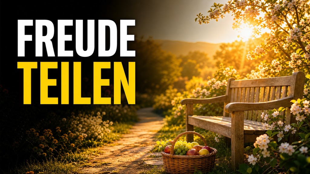 Freude & Freundlichkeit – sonniger Gartenweg mit einladender Bank und Obstkorb