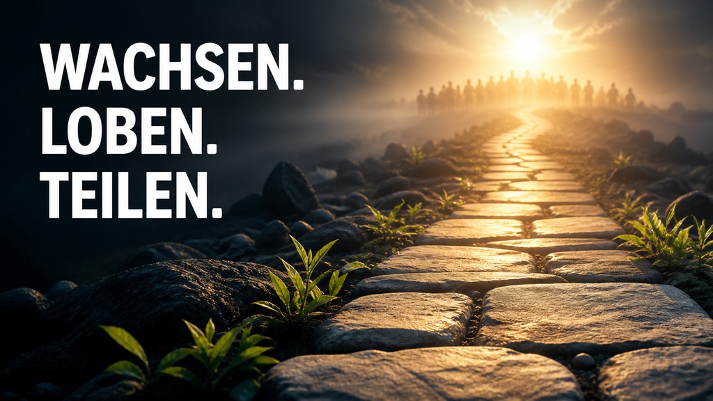 Wachsen: heller Weg mit grünen Trieben und Menschen im Morgenlicht