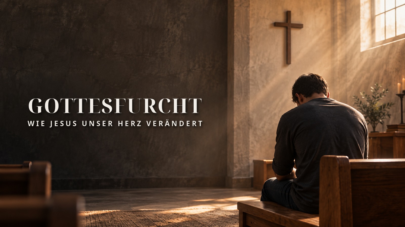 Gottesfurcht: Ein Mann sitzt mit gesenktem Kopf im Gebet vor einem schlichten Kreuz im warmen Tageslicht.