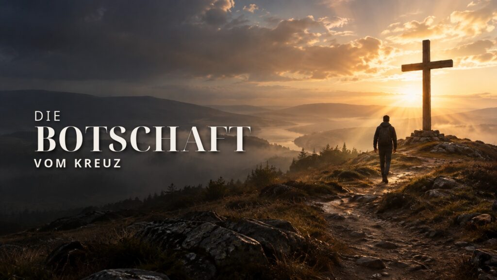 Was ist das Evangelium – ein Weg führt im Morgenlicht zu einem schlichten Kreuz als Bild für Vergebung und Hoffnung