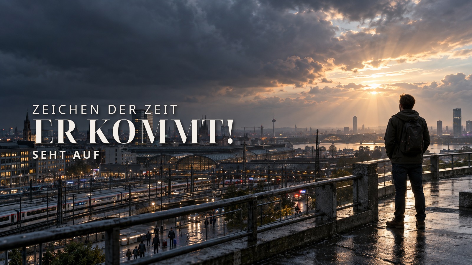Zeichen der Zeit – ein Mensch blickt über einer modernen Stadt im Morgenlicht hoffnungsvoll zum Himmel