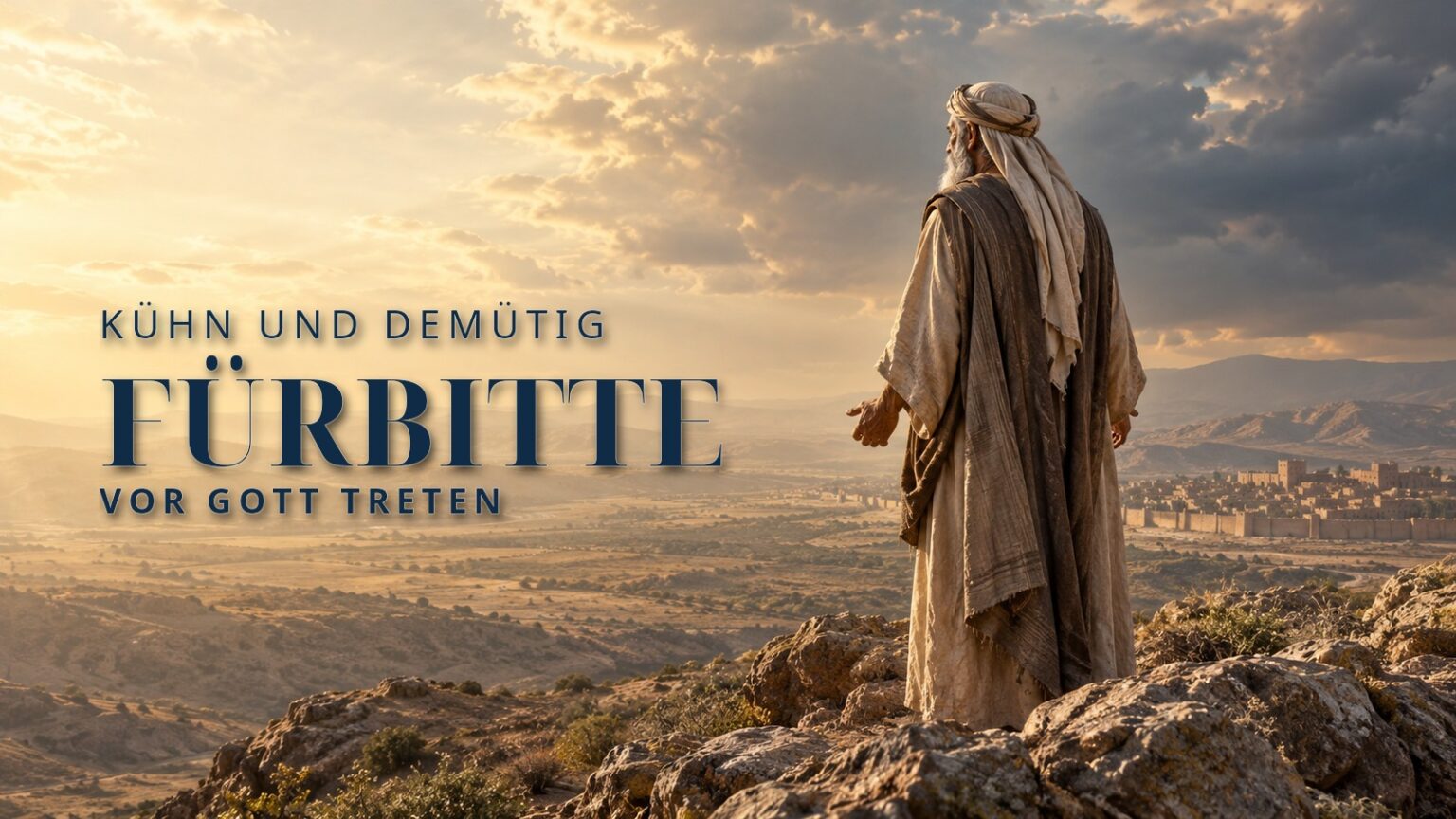 Fürbitte: Abraham tritt in der Landschaft vor Sodom demütig und vertrauensvoll vor Gott